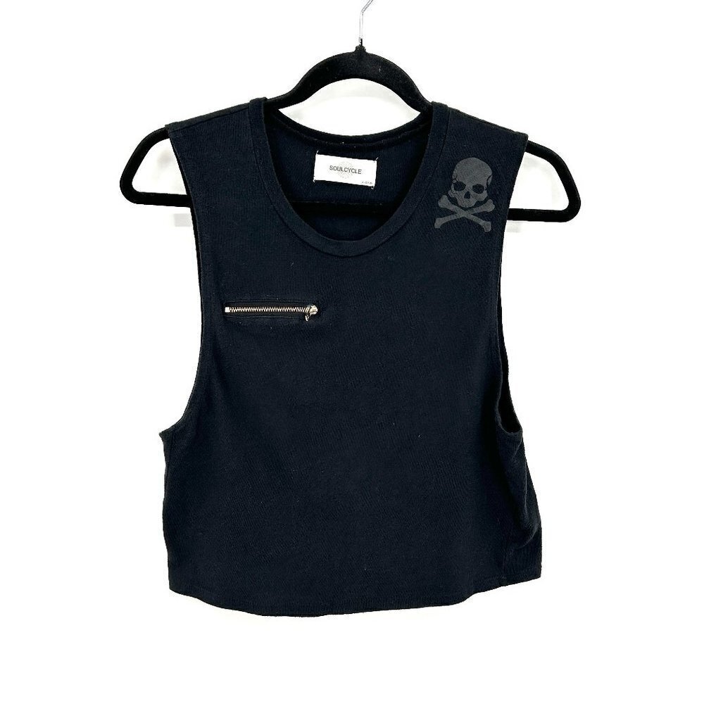 SOULCYCLE Black Zip Front Skull White Graphic Print Athletic Crop Top Size XS